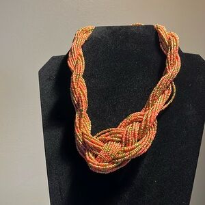 Beaded choker necklace. Bohemian glam. Peach and gold intricate beading design.